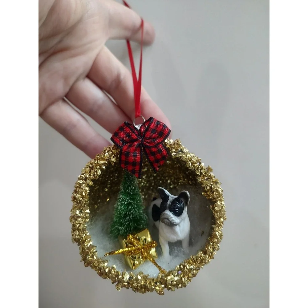Dog Christmas Ornament Handmade Vtg Style OOAK Boston Terrier Diorama O9